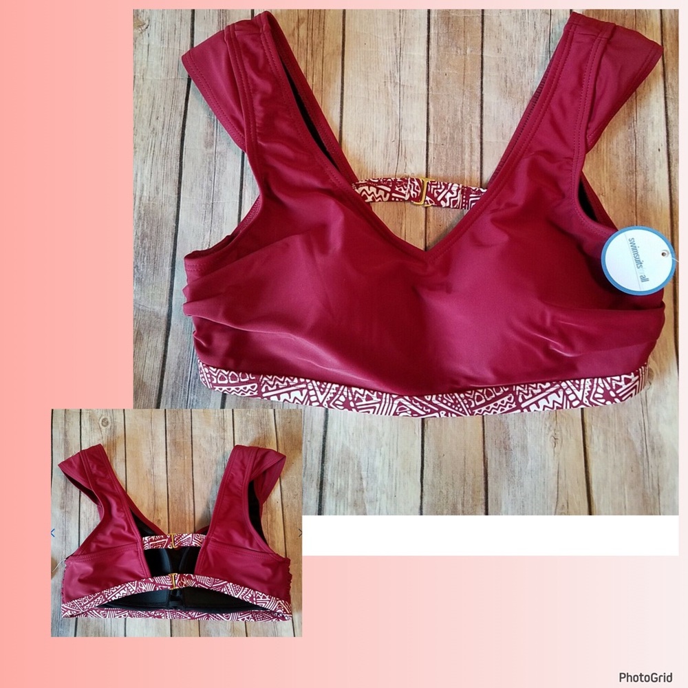Swimsuits For All 24 plus size burgundy Aztec bikini swimsuit top NWT